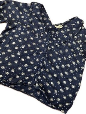 Vintage Navy Blue Floral Button-Front Blouse